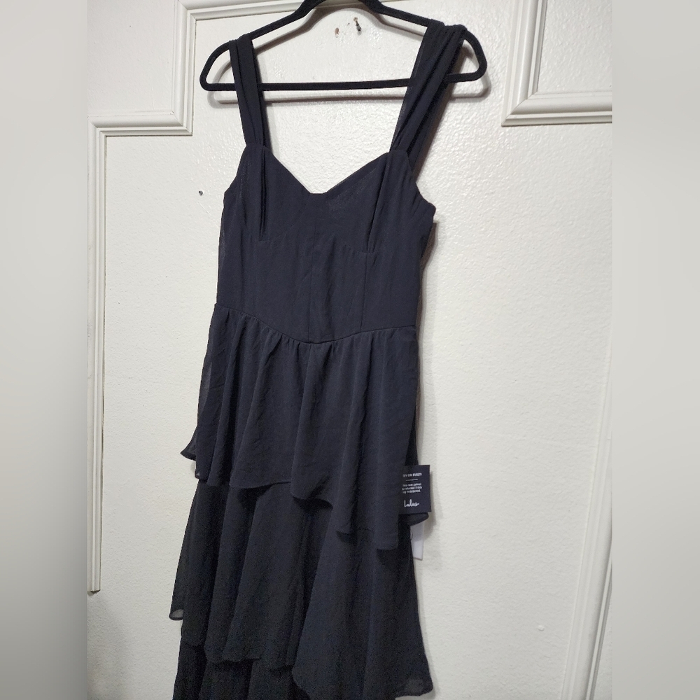 Lulus Carlynda Black Tiered Bustier Maxi Dress L Wedding Party Feminine NWT - Picture 7 of 10